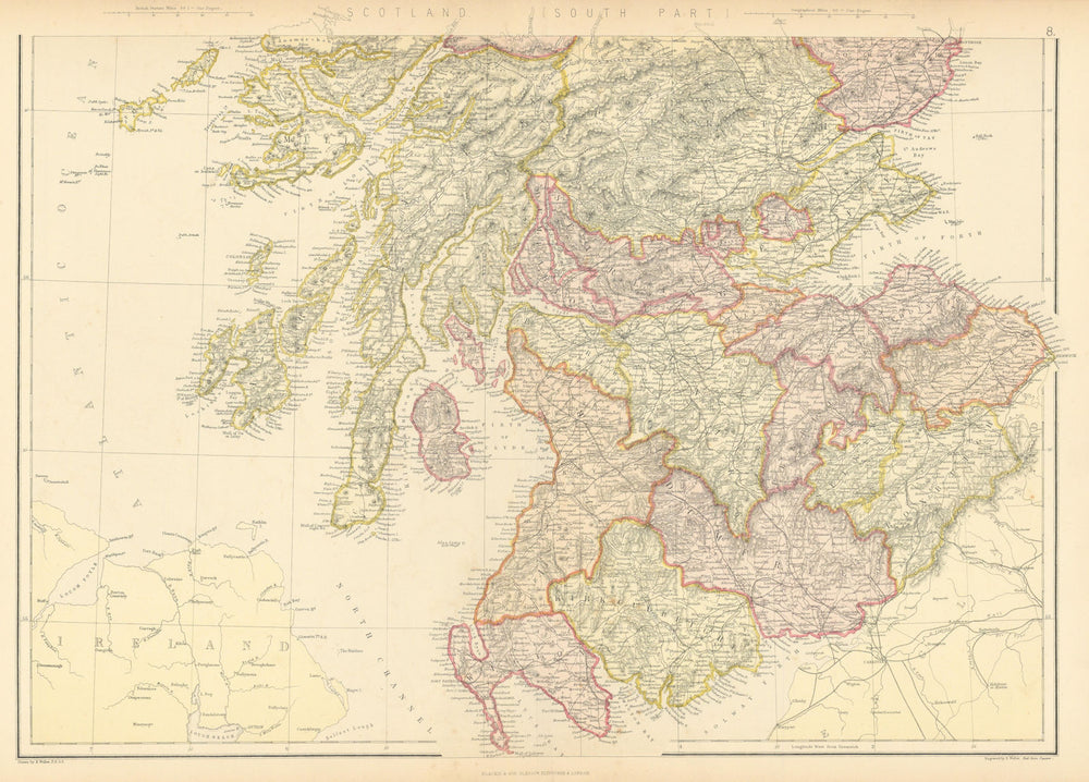 SCOTLAND SOUTH. Showing counties & railways. BLACKIE 1886 old antique map