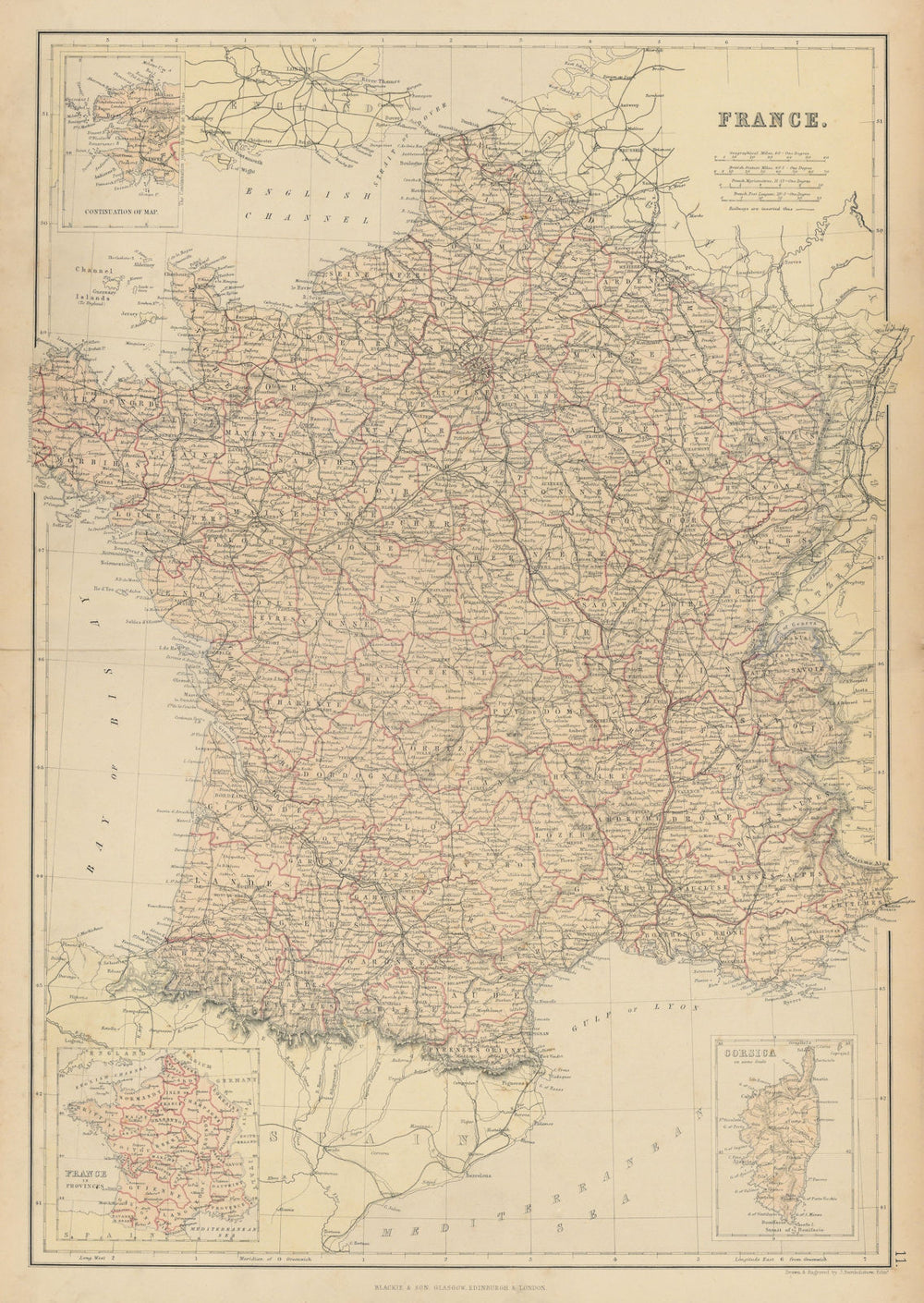 FRANCE. Departements. Railways. Inset in Provinces. BLACKIE 1886 old map