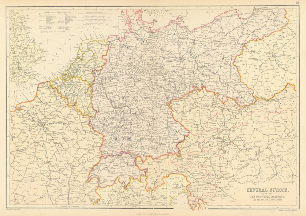 CENTRAL EUROPE. Railways. Scale in German & English miles & km. BLACKIE 1886 map
