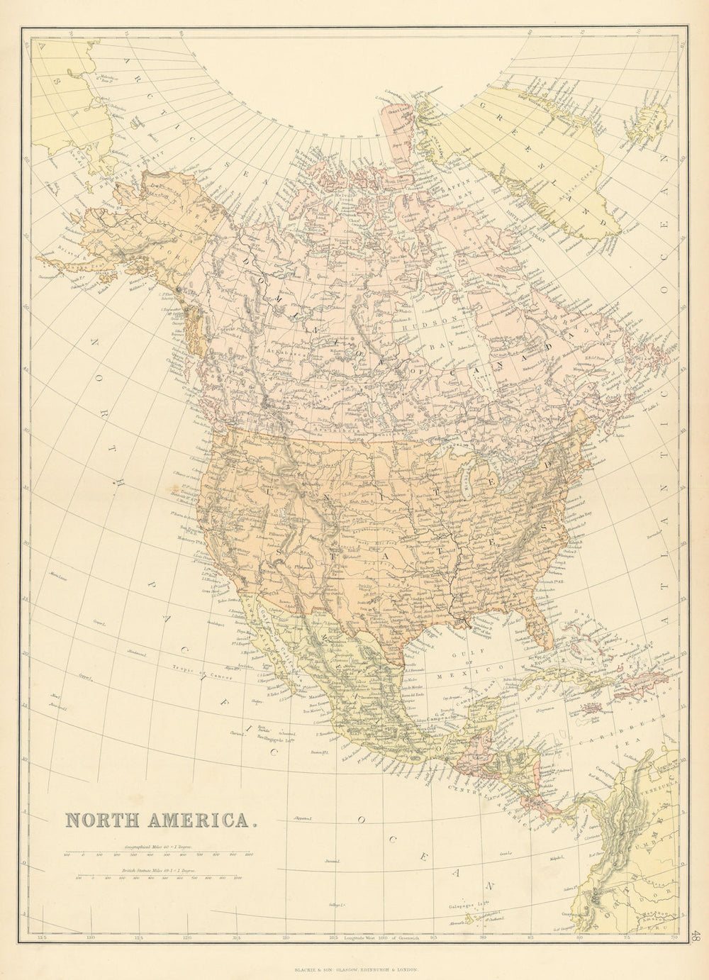 N AMERICA. USA Canada Caribbean. Shows "Mosquito reserva. ~. BLACKIE 1886 map
