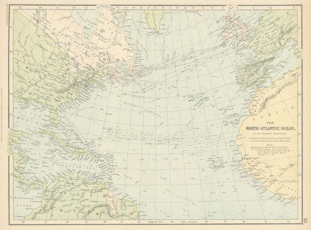 NORTH ATLANTIC OCEAN. Telegraph cables/dates. Ocean currents/velocities 1886 map