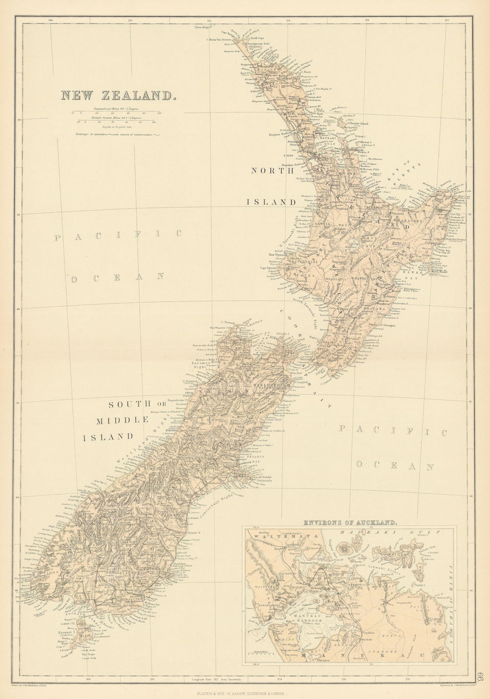 NEW ZEALAND. Counties & railways. Inset Auckland environs. BLACKIE 1886 map