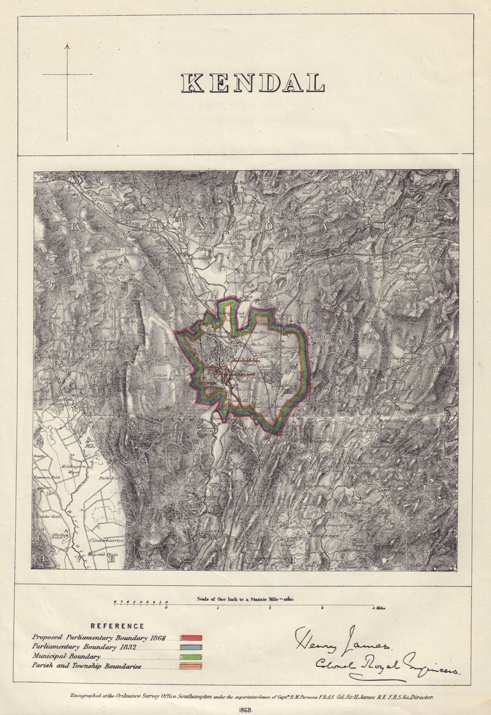 Kendal, Cumbria. JAMES. PARLIAMENTARY BOUNDARY COMMISSION 1868 old antique map