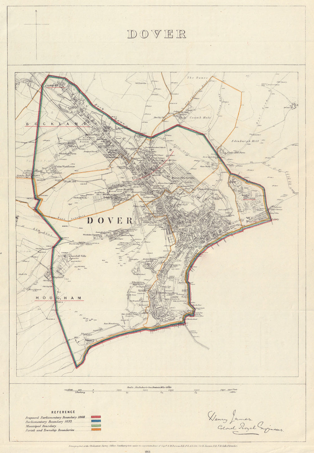 Dover, Kent. JAMES. PARLIAMENTARY BOUNDARY COMMISSION 1868 old antique map