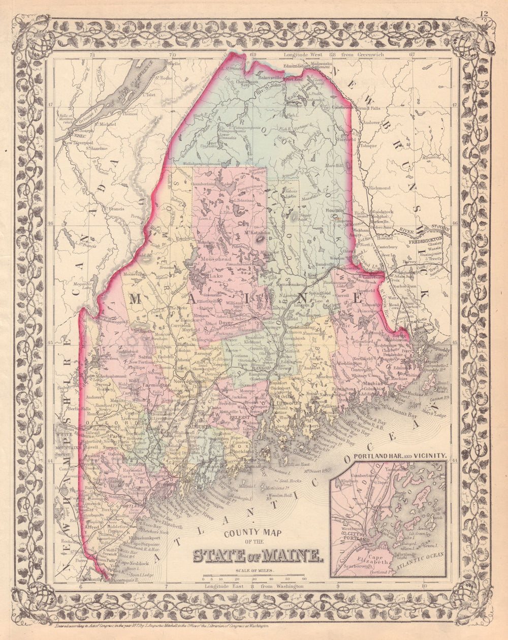 County Map of the State of Maine by S. Augustus Mitchell 1875 old antique