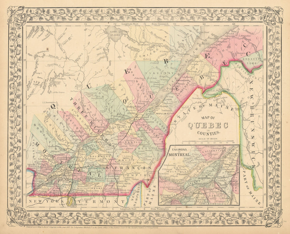 Map of Quebec in Counties. Montreal. St. Lawrence. Canada. MITCHELL 1869