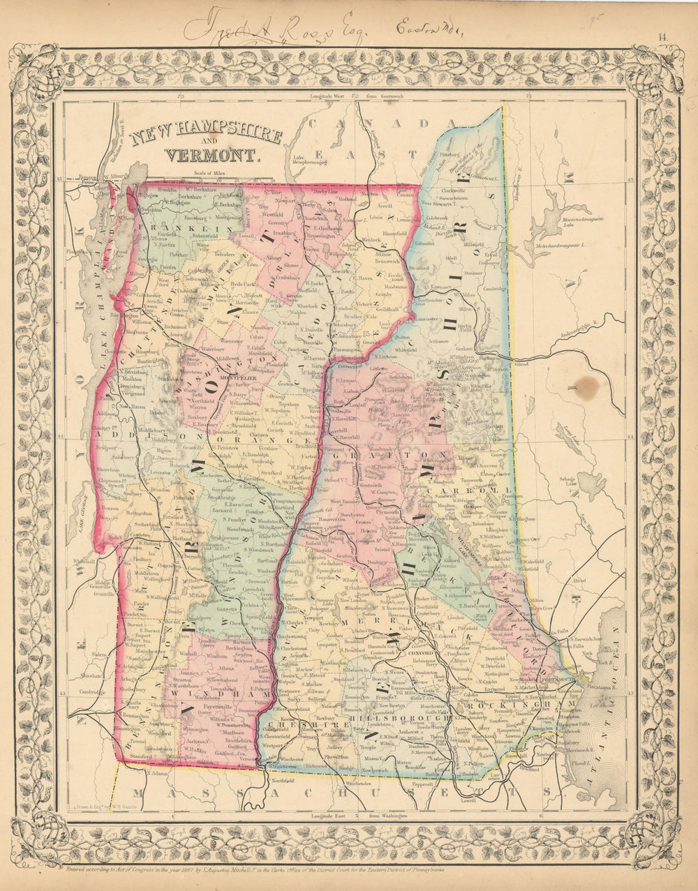 New Hampshire and Vermont State map in counties by S. Augustus Mitchell 1869