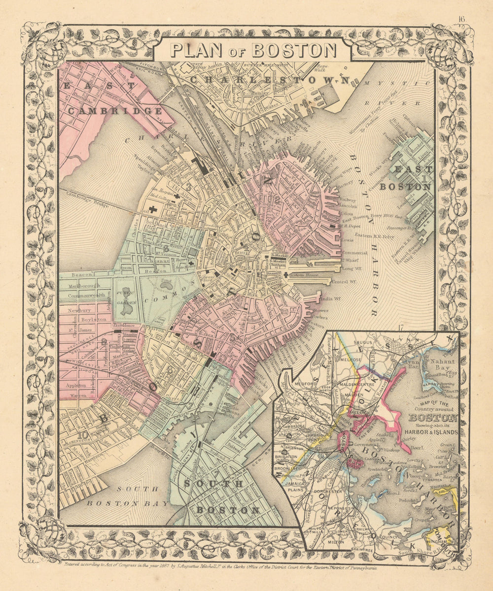 City "Plan of Boston", harbor & country around by S. Augustus Mitchell 1869 map