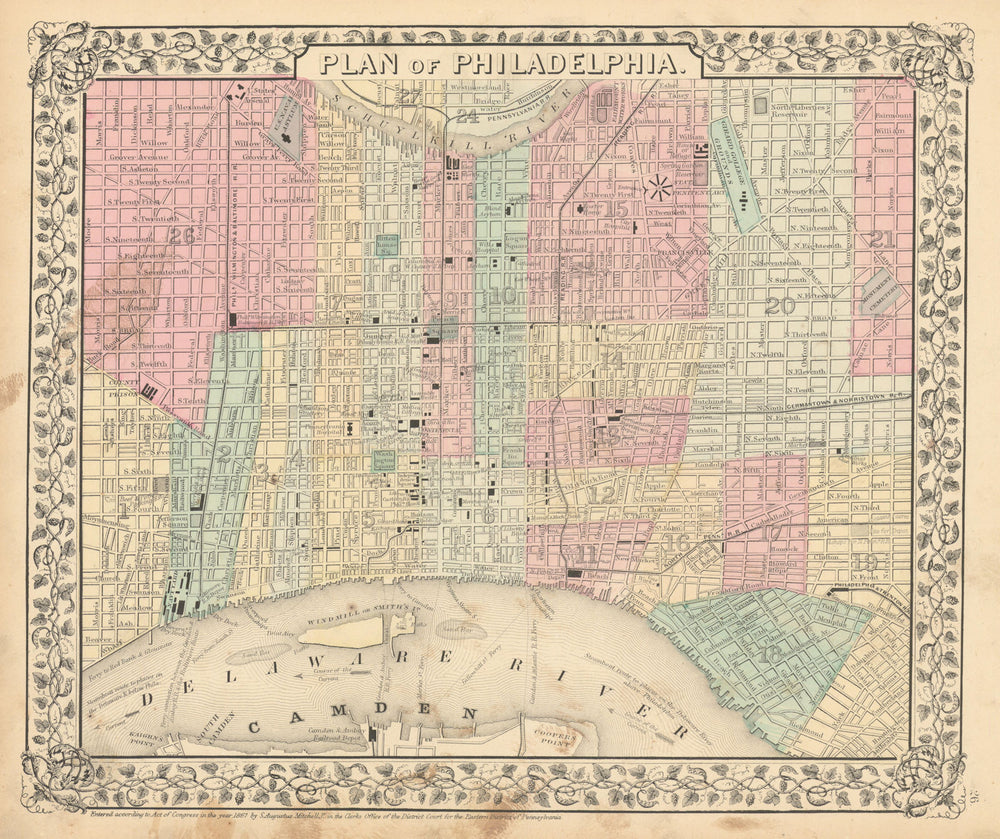 City "Plan of Philadelphia" by Samuel Augustus Mitchell 1869 old antique map