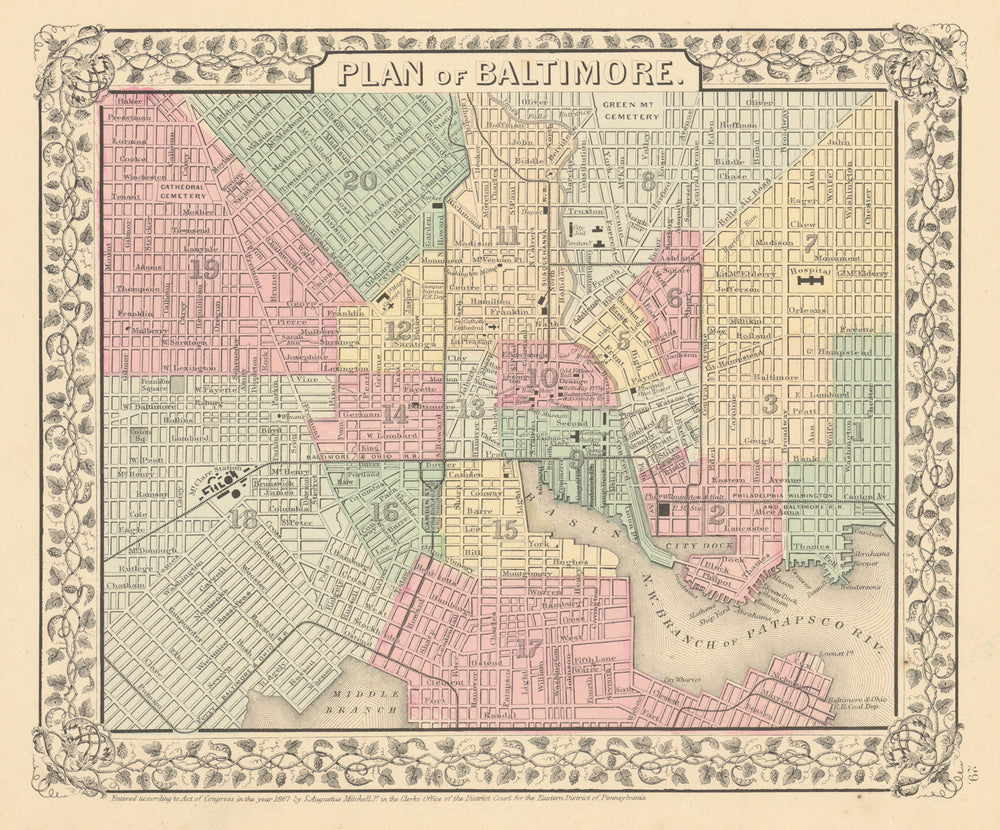 City "Plan of Baltimore" by Samuel Augustus Mitchell 1869 old antique map