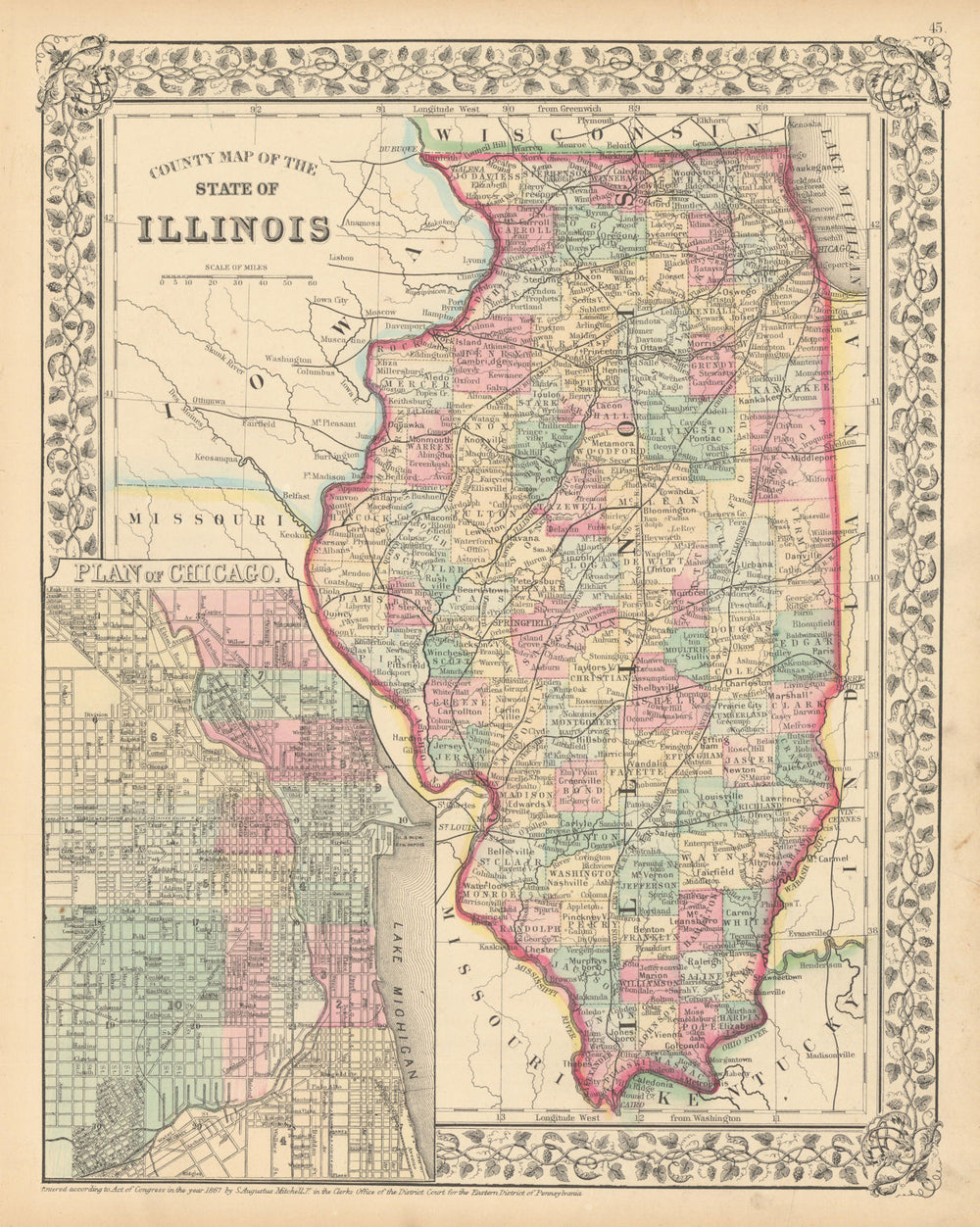 County map of the State of Illinois with Chicago city plan. MITCHELL 1869