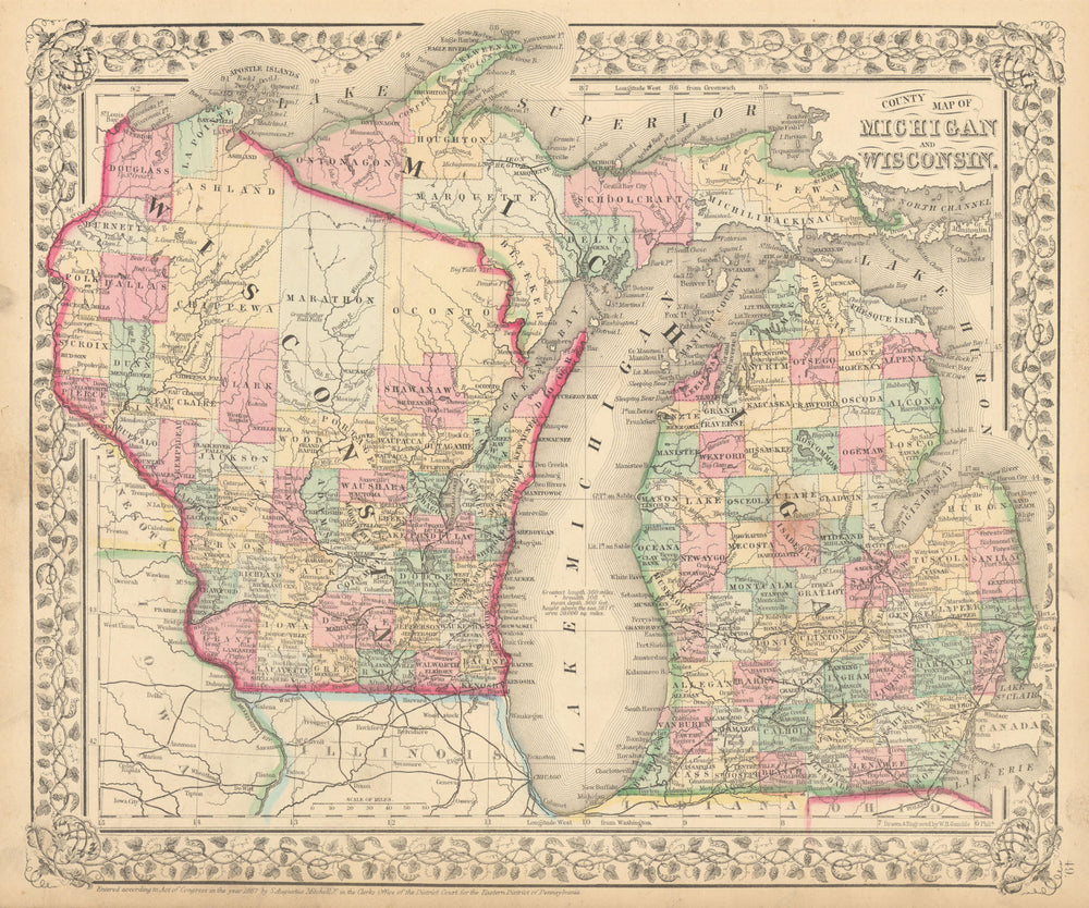 County map of Michigan and Wisconsin by S. Augustus Mitchell. State map 1869