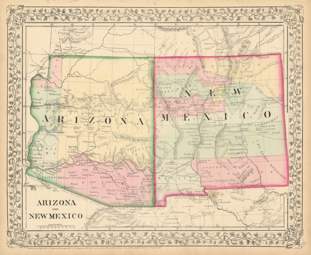 Arizona and New Mexico by Samuel Augustus Mitchell. State map. Counties 1869