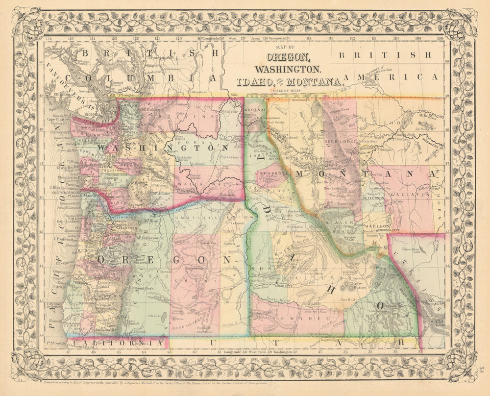 Map of Oregon, Washington, Idaho, and Part of Montana. MITCHELL 1869 old