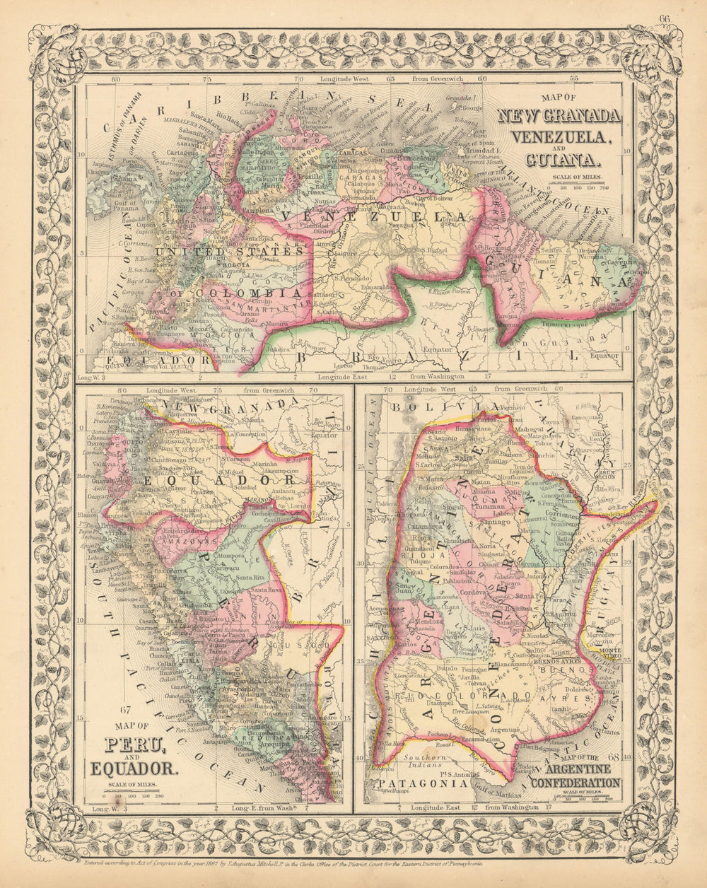 New Granada Venezuela Guiana Peru Equador Argentine Argentina MITCHELL 1869 map