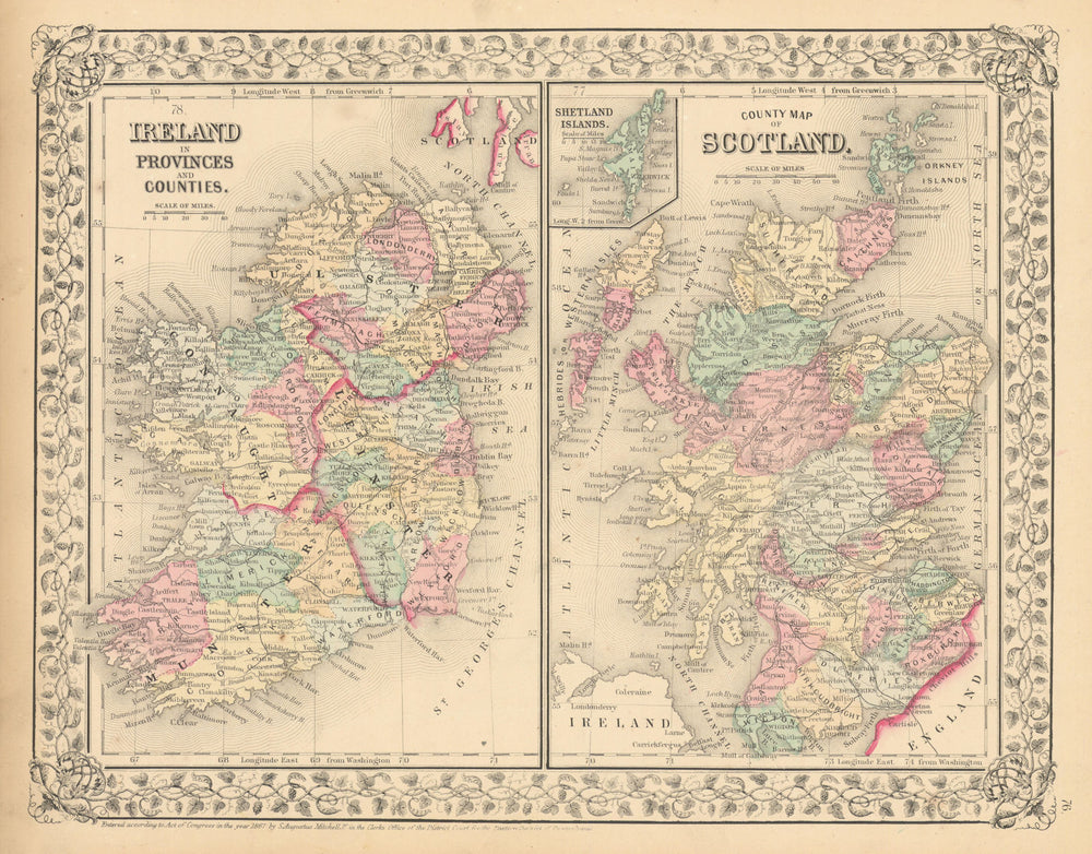 County map of Scotland. Ireland in Provinces and Counties. MITCHELL 1869