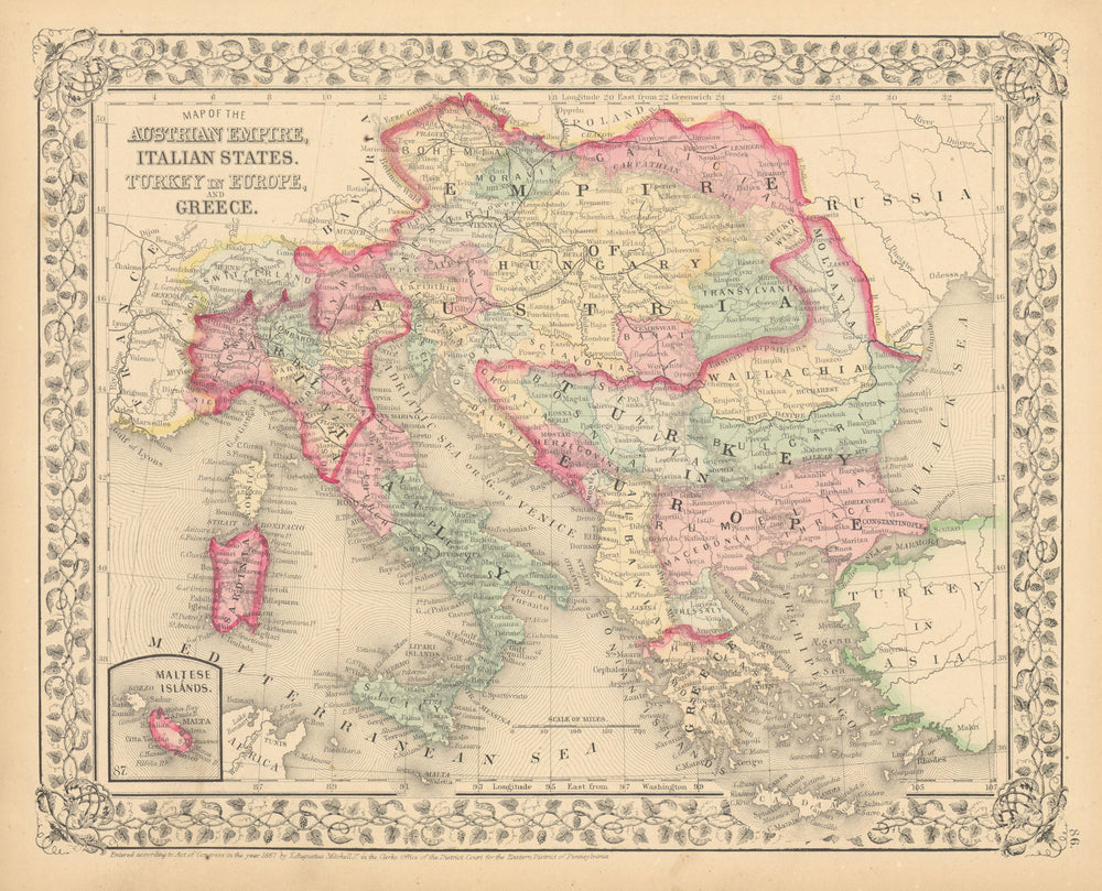 Austrian Empire, Italian States, Turkey in Europe & Greece. MITCHELL 1869 map