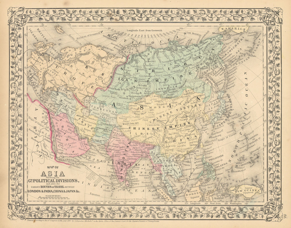 Asia showing… routes of travel between London & India, China… MITCHELL 1869 map
