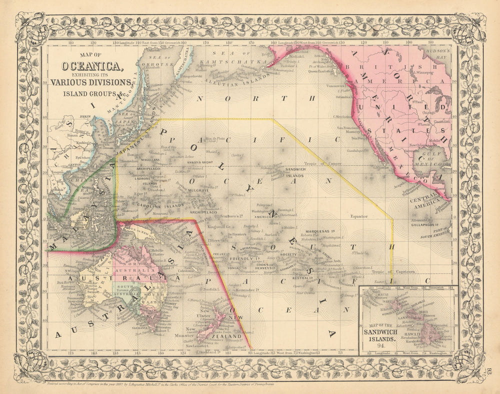 Oceanica exhibiting its various divisions… Pacific Hawaii. MITCHELL 1869 map