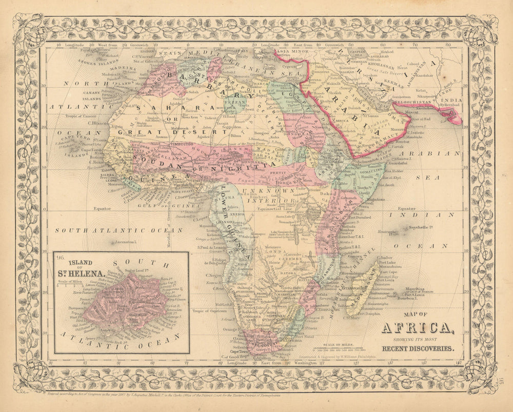 Map of Africa showing its Most Recent Discoveries. St. Helena. MITCHELL 1869