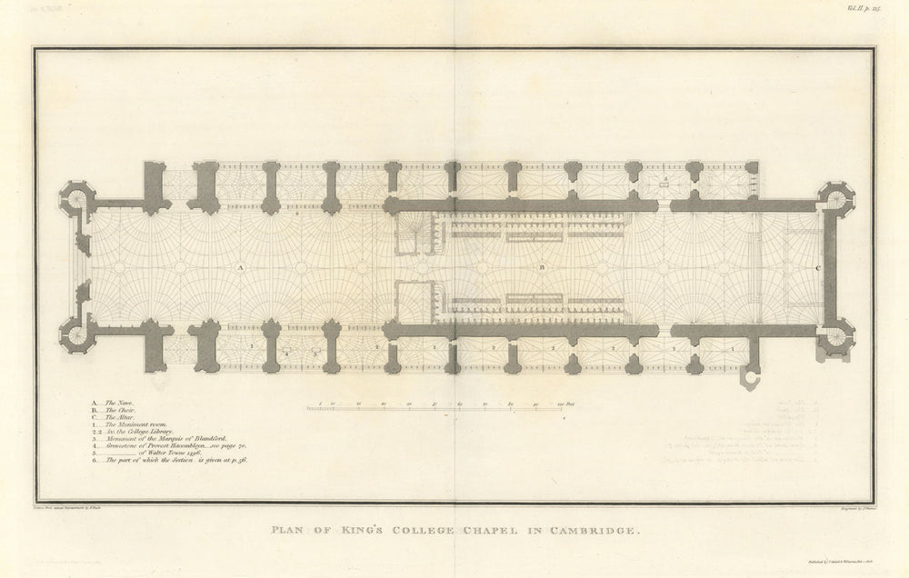 Plan of King's College Chapel, in Cambridge. NASH 1810 old antique map chart