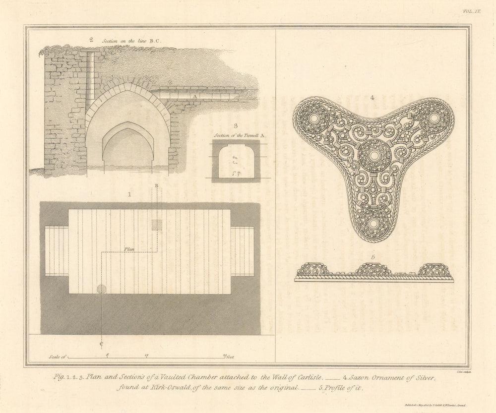 Vaulted Chamber in Carlisle Wall. Kirkoswald saxon ornament. Cumbria 1816 map