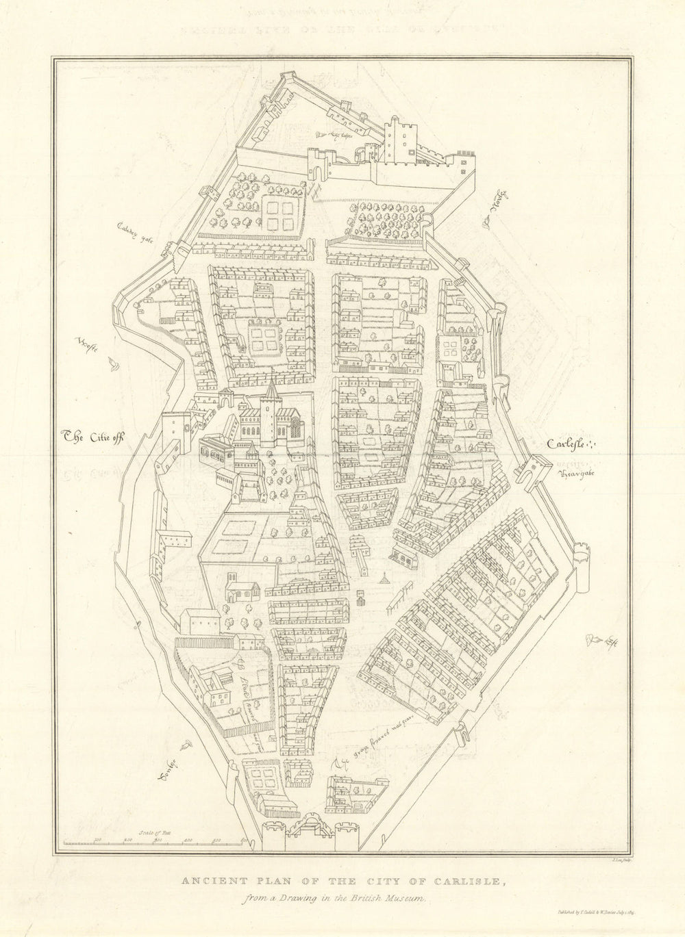 Ancient Plan of the City of Carlisle, Cumbria. LYSONS 1816 old antique map