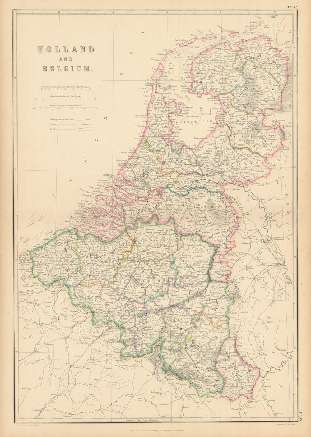 Holland and Belgium by Joseph Wilson Lowry. Netherlands 1859 old antique map