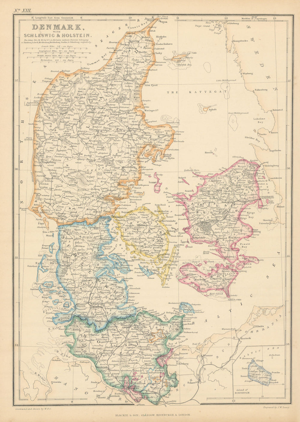 Denmark, with Schleswig & Holstein by Joseph Wilson Lowry 1859 old antique map