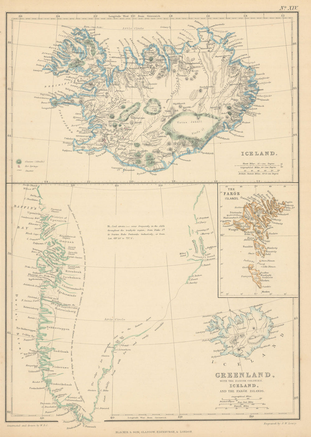 Iceland w/ glaciers. Greenland w/ Danish Colonies. Faroe Islands. LOWRY 1859 map
