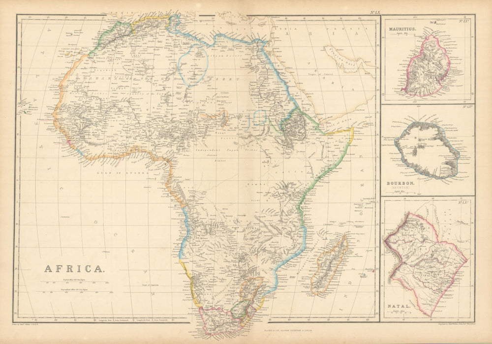 Africa. Mauritius, Bourbon (Reunion) & Natal by Edward Weller 1859 old map