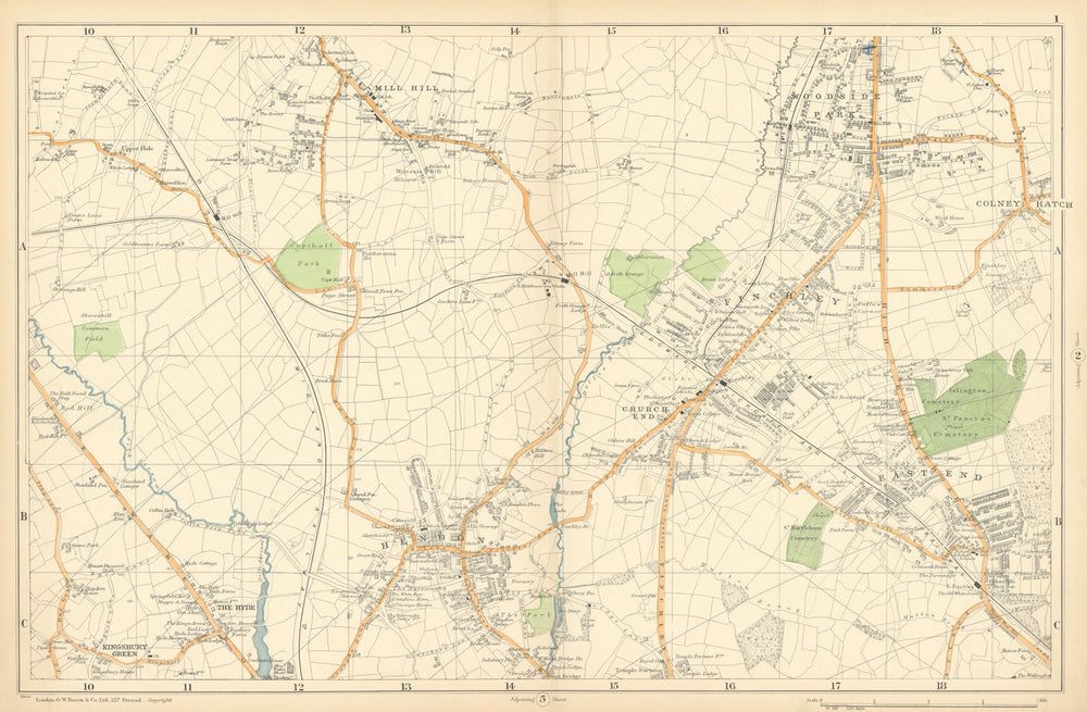 FINCHLEY/HENDON Mill Hill Colindale Colney Hatch Fortis Green. BACON  1900 map