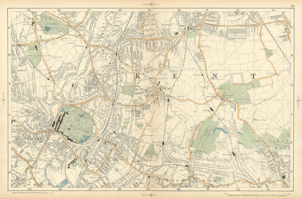 LONDON Sydenham Penge Beckenham Catford Norwood Dulwich Lewisham BACON  1900 map