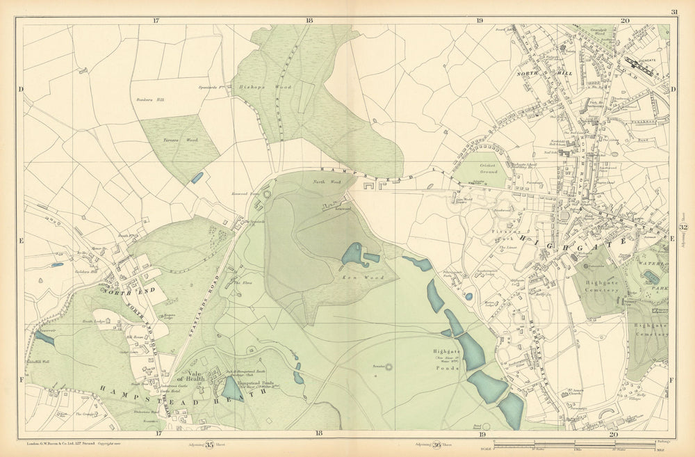 HAMPSTEAD HEATH Highgate Golders Green Hampstead Garden Suburb 1900 map