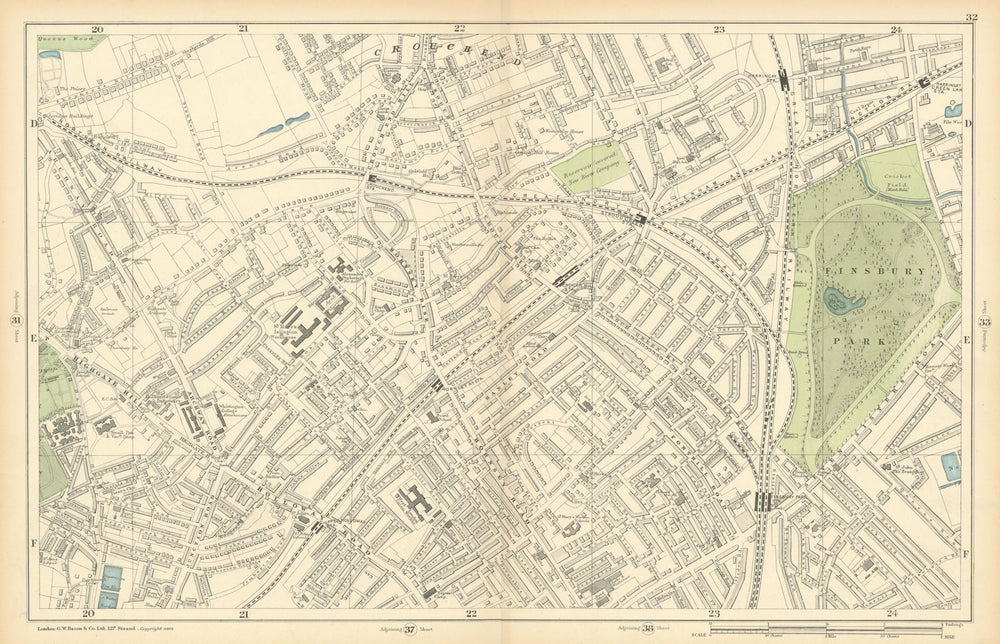 FINSBURY PARK Crouch End Stroud Green Highgate Archway Harringay 1900 old map