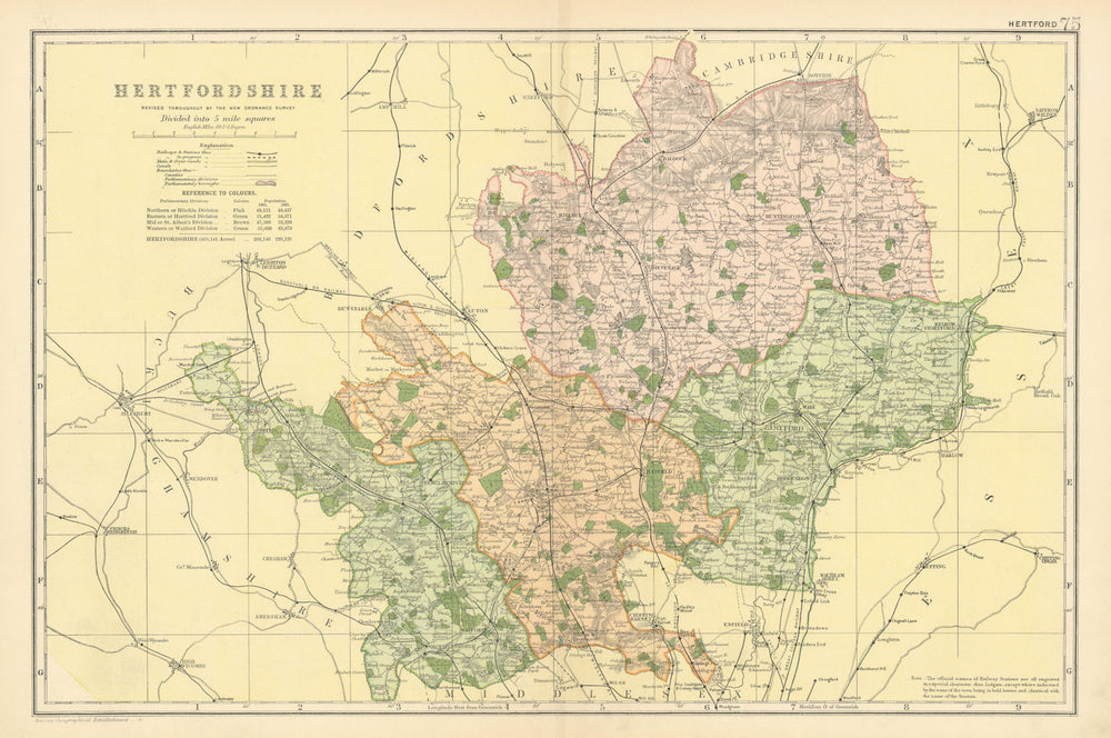 HERTFORDSHIRE county map. Parliamentary constituencies. Railways. BACON 1900