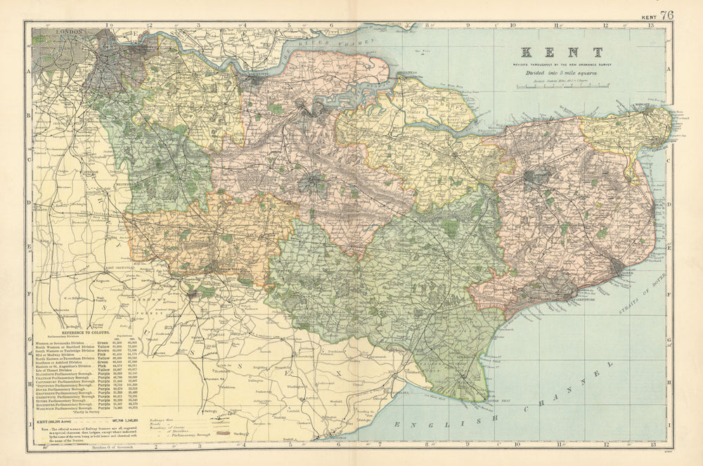 KENT county map. Parliamentary constituencies divisions. Railways. BACON 1900