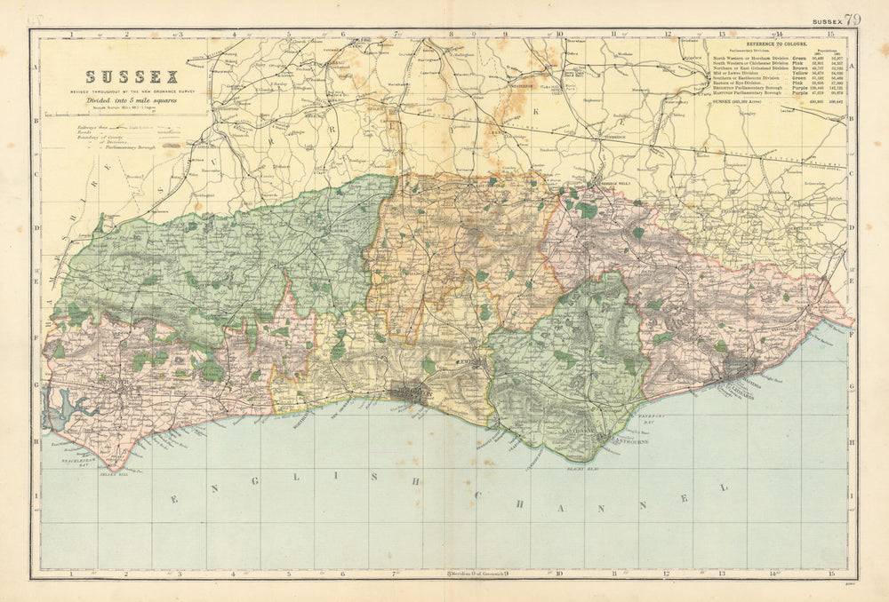 SUSSEX county map. Parliamentary constituencies divisions. Railways. BACON 1900