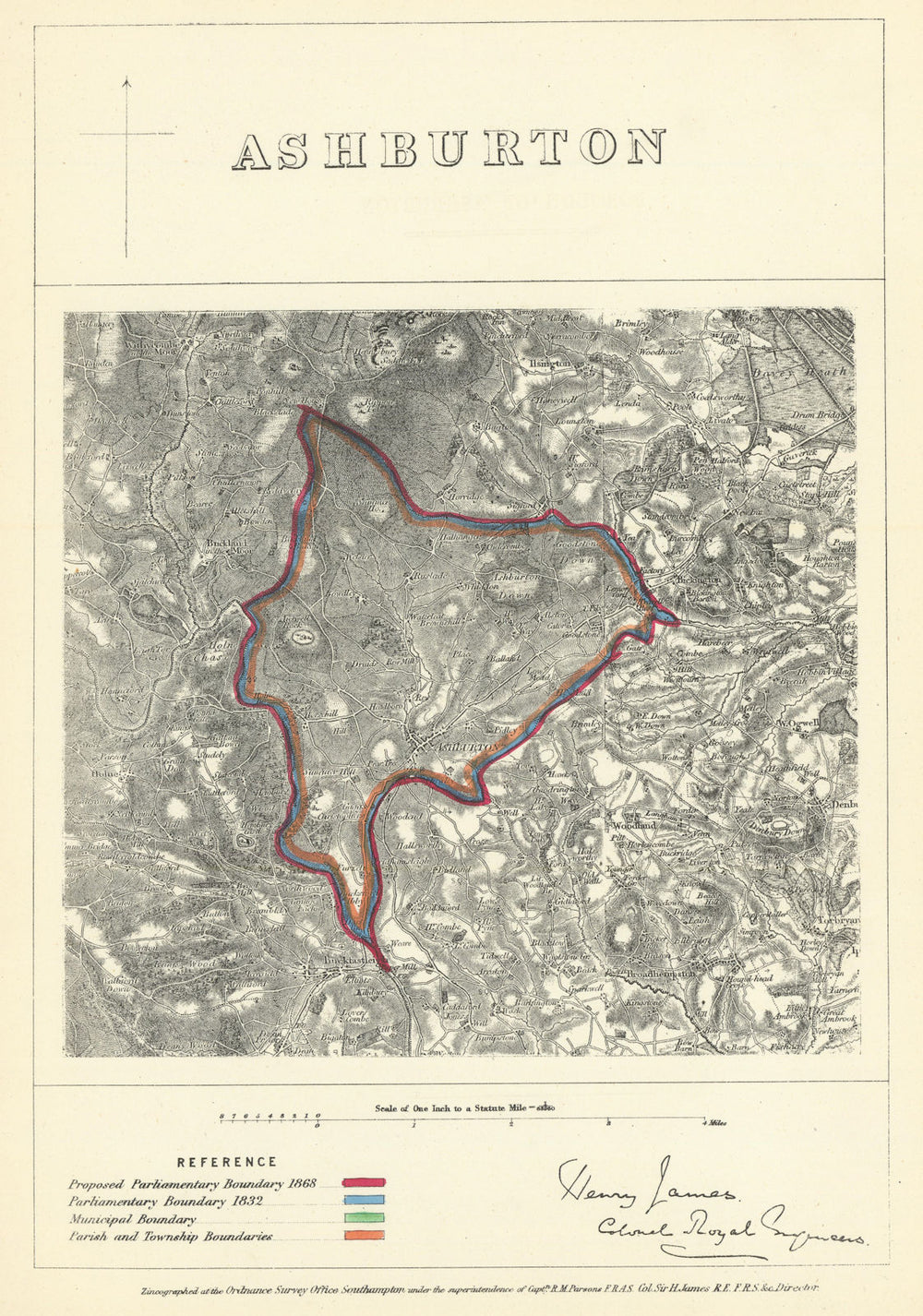 Ashburton, Devon. JAMES. Parliamentary Boundary Commission 1868 old map