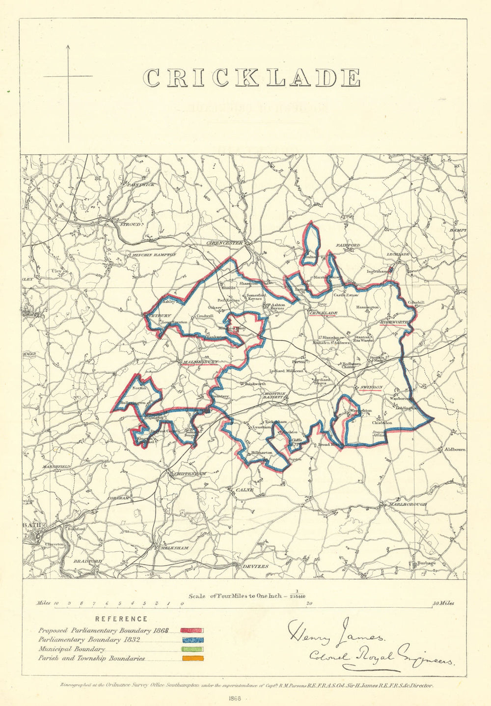 Cricklade, Wiltshire. JAMES. Parliamentary Boundary Commission 1868 old map
