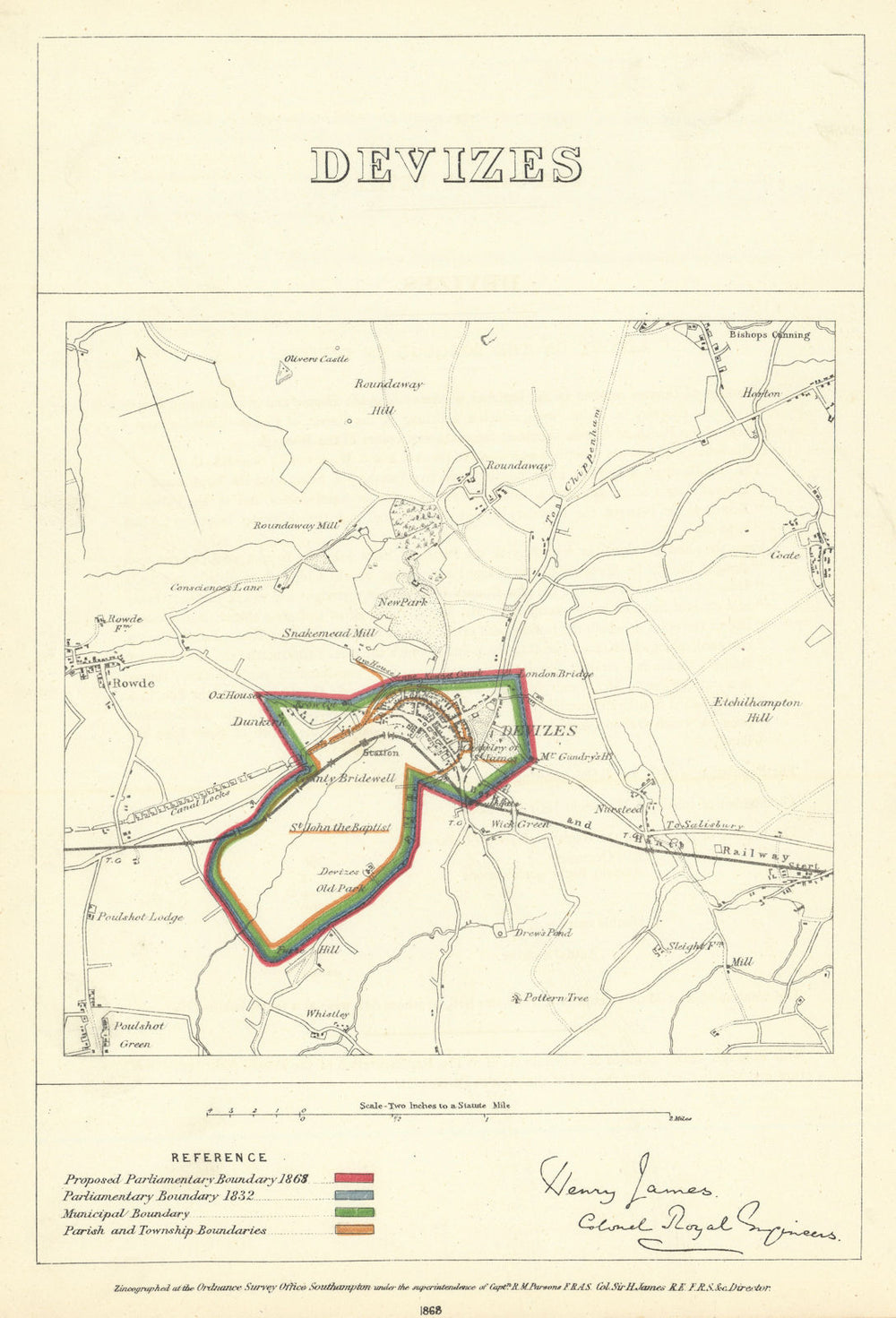 Devizes, Wiltshire. JAMES. Parliamentary Boundary Commission 1868 old map