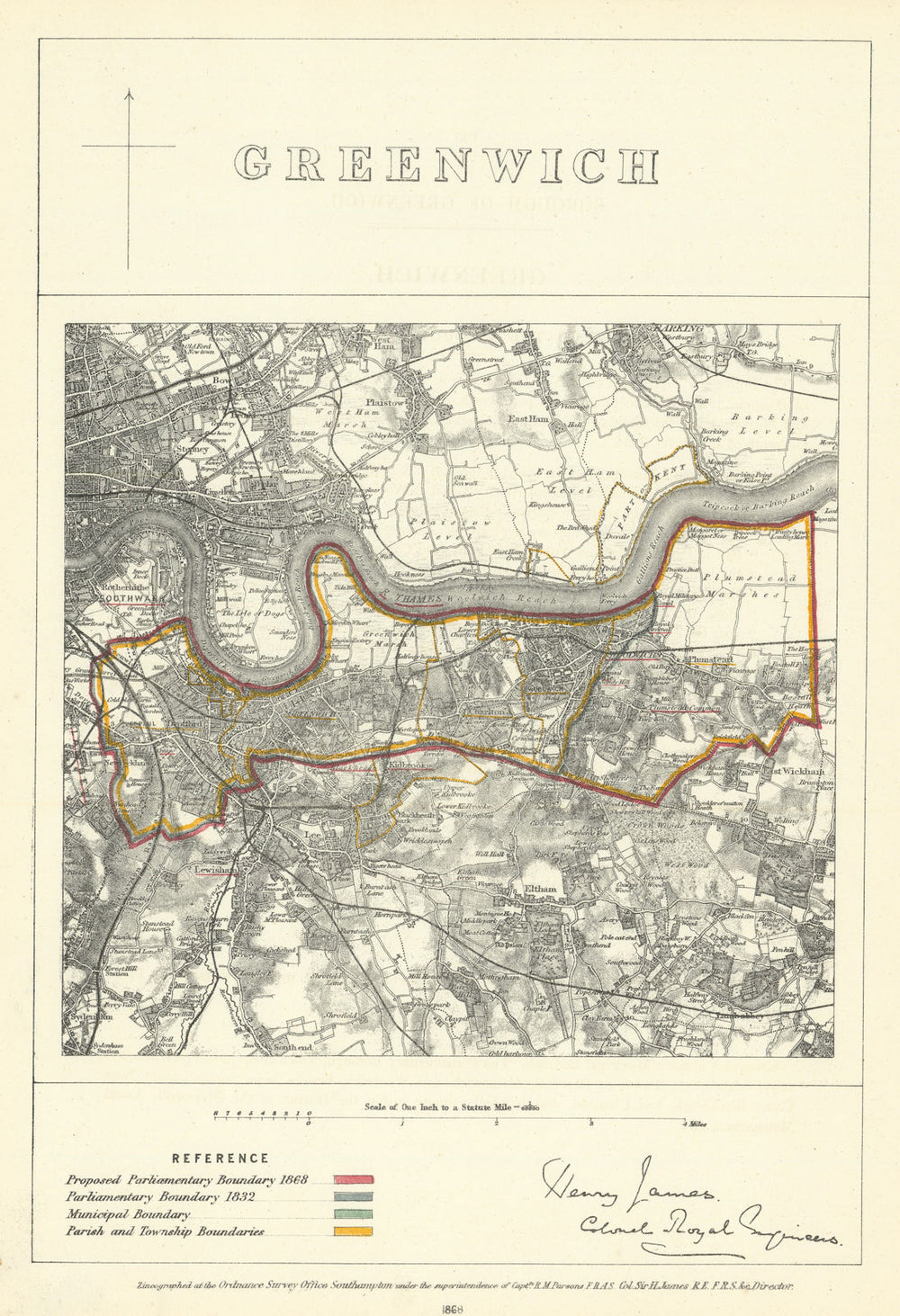 Greenwich, Kent. JAMES. Parliamentary Boundary Commission 1868 old antique map