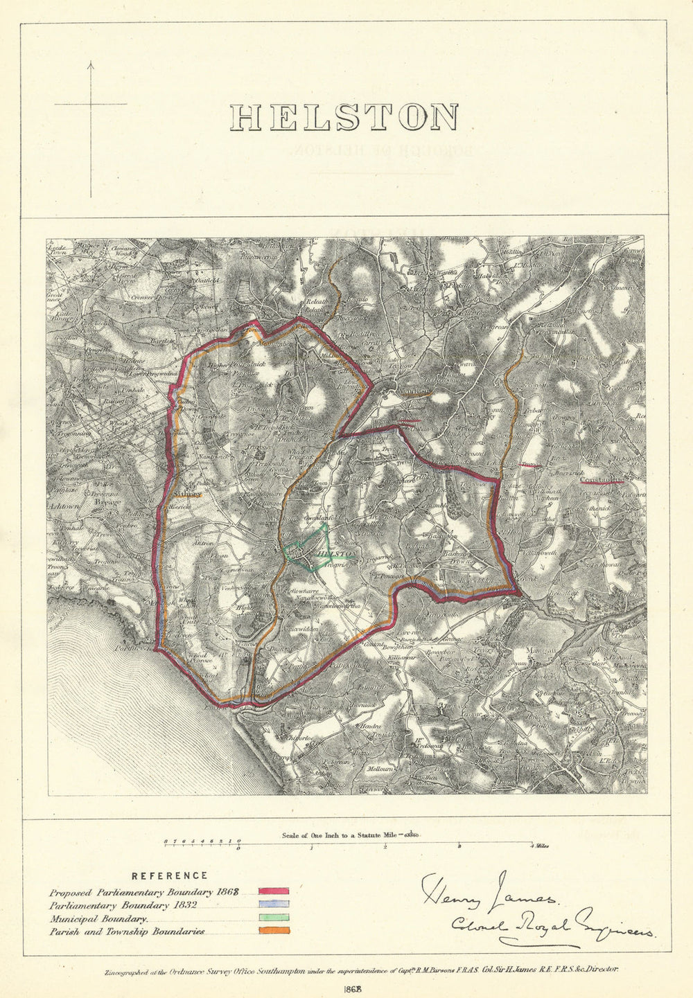 Helston, Cornwall. JAMES. Parliamentary Boundary Commission 1868 old map