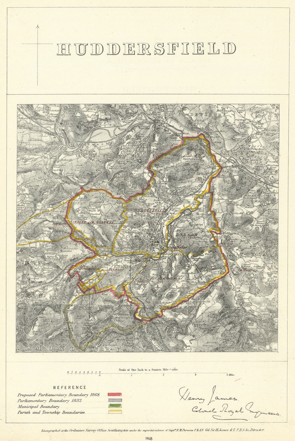 Huddersfield, Yorkshire. JAMES. Parliamentary Boundary Commission 1868 old map
