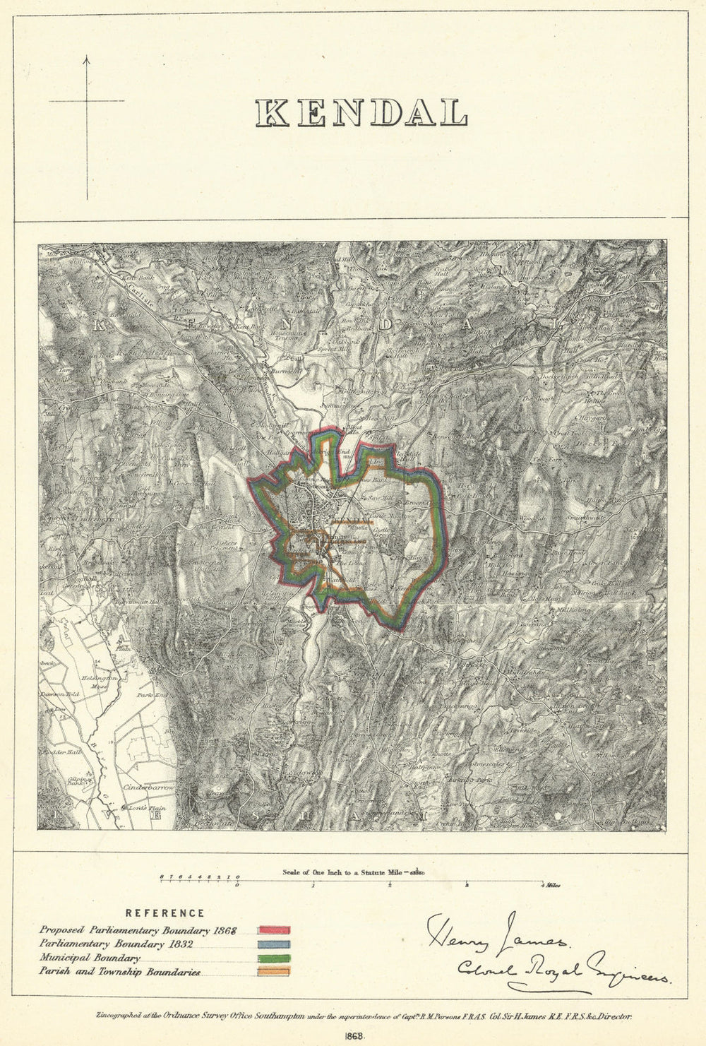 Kendal, Westmorland. JAMES. Parliamentary Boundary Commission 1868 old map