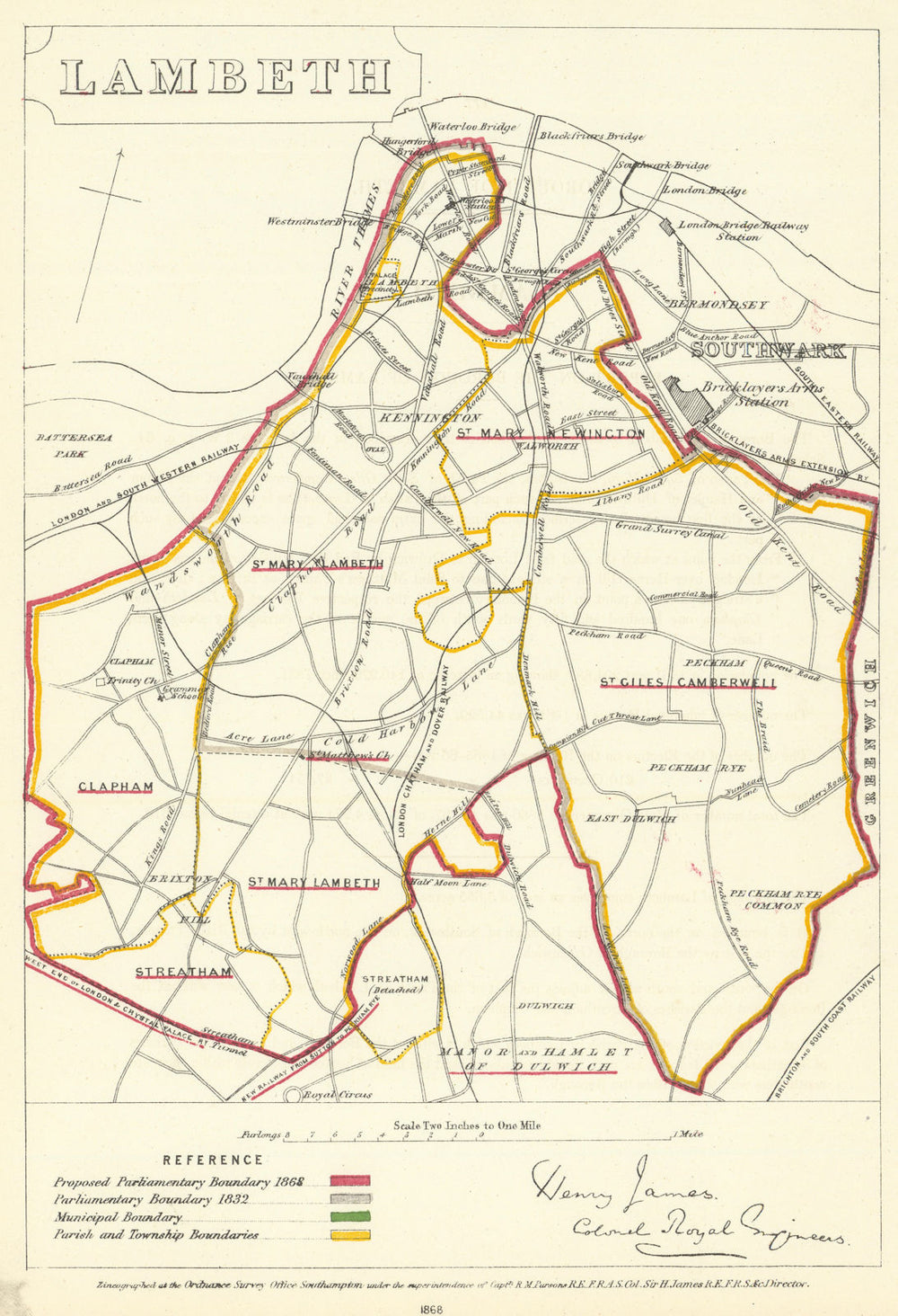 Lambeth, London. JAMES. Parliamentary Boundary Commission 1868 old antique map