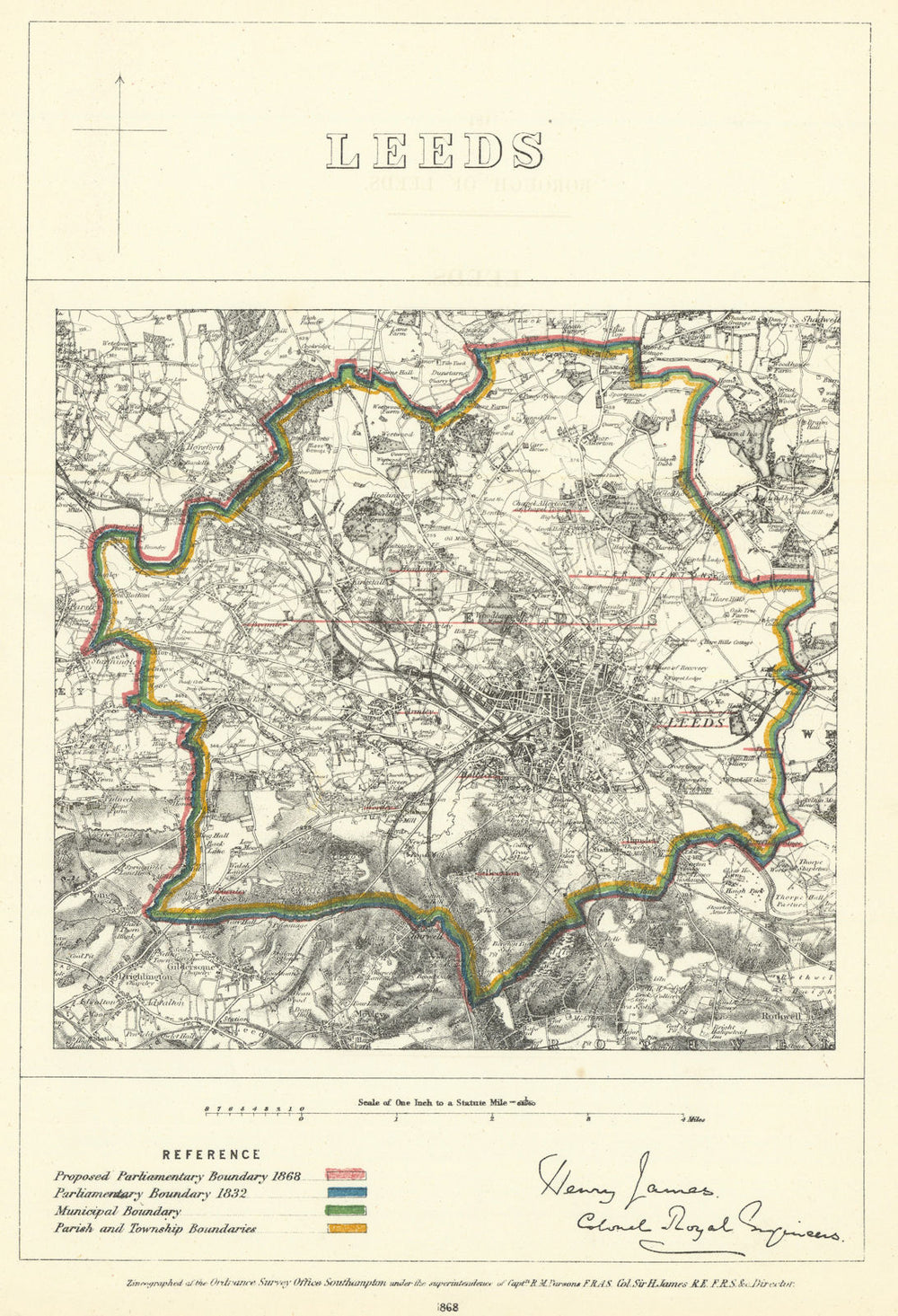 Leeds, Yorkshire. JAMES. Parliamentary Boundary Commission 1868 old map