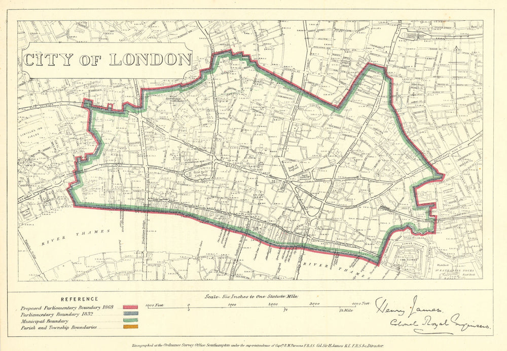 City of London. JAMES. Parliamentary Boundary Commission 1868 old antique map