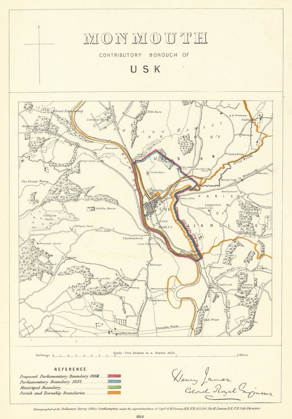 Monmouth Contributory Borough of Usk. JAMES. Boundary Commission 1868 old map