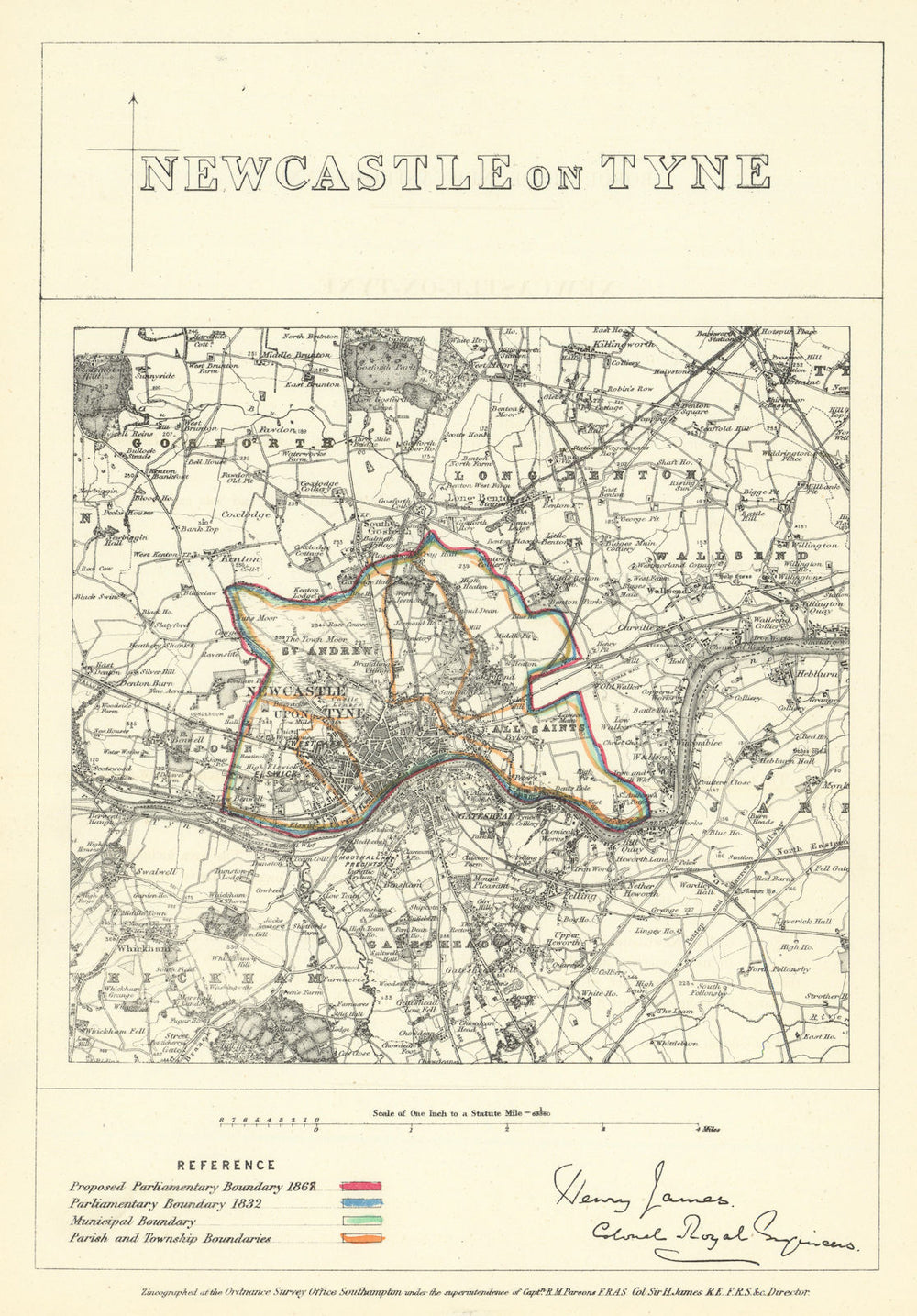 Newcastle-upon-Tyne, Northumbs. JAMES Parliamentary Boundary Commission 1868 map